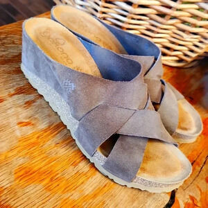 Yokono Leather Sock Suede Open toe Cross Front Cork Wedge Sandals size 9 Brown